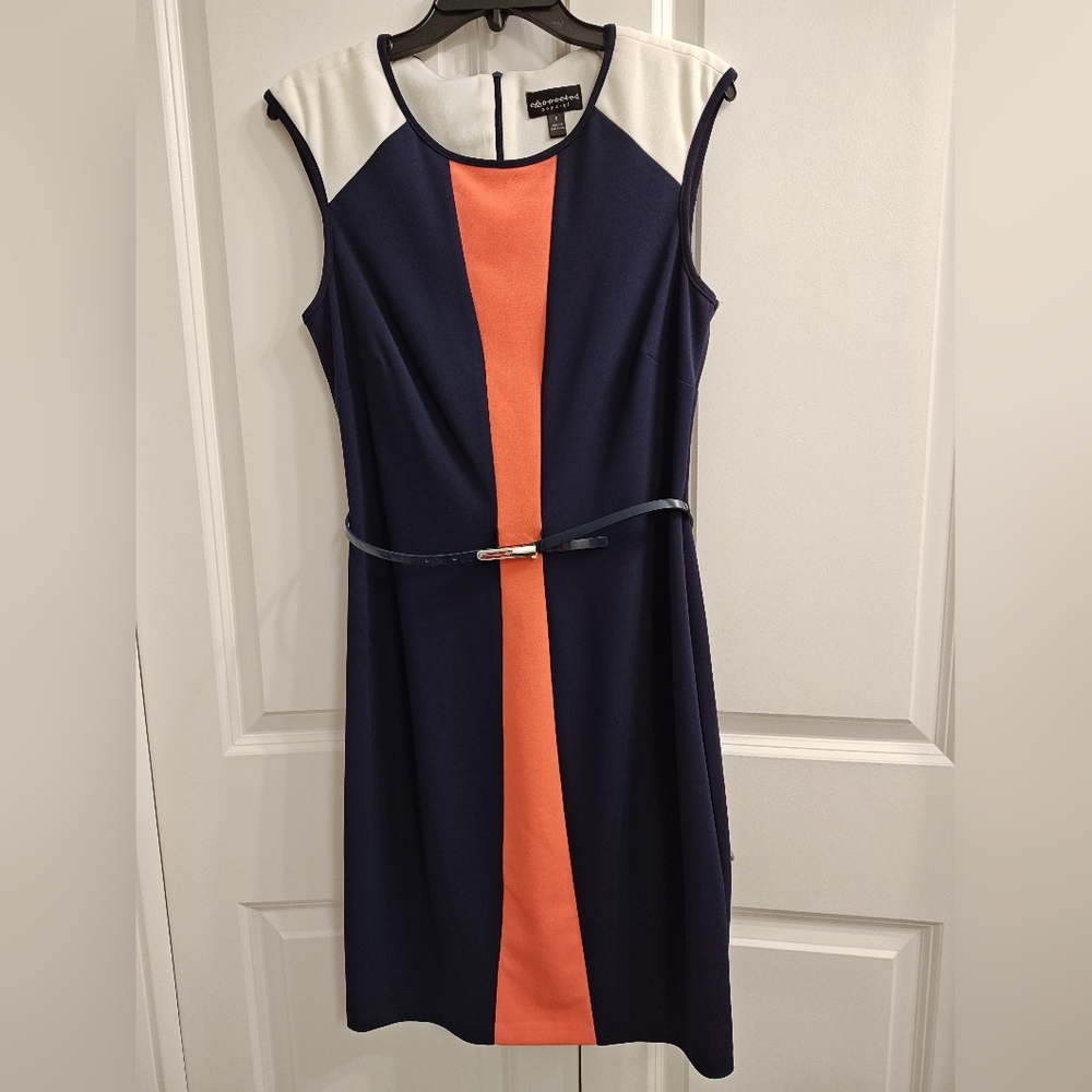 Connected Apparel Navy Blue, Orange and White Sleeveless Dress w/belt. Size 8.